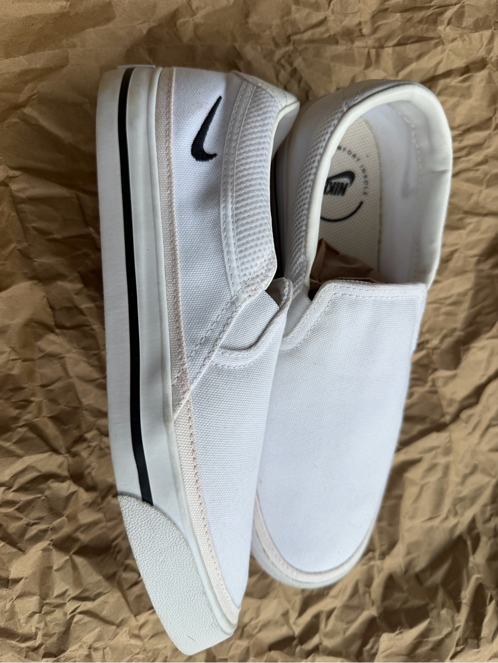 Nike Kids White Slip-On Sneakers with Black Swoosh